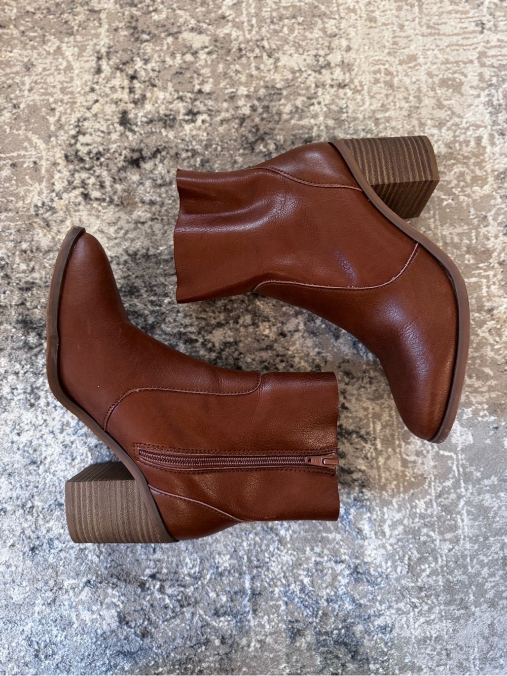 Women's Tan Leather Block Heel Ankle Boots with Side Zip